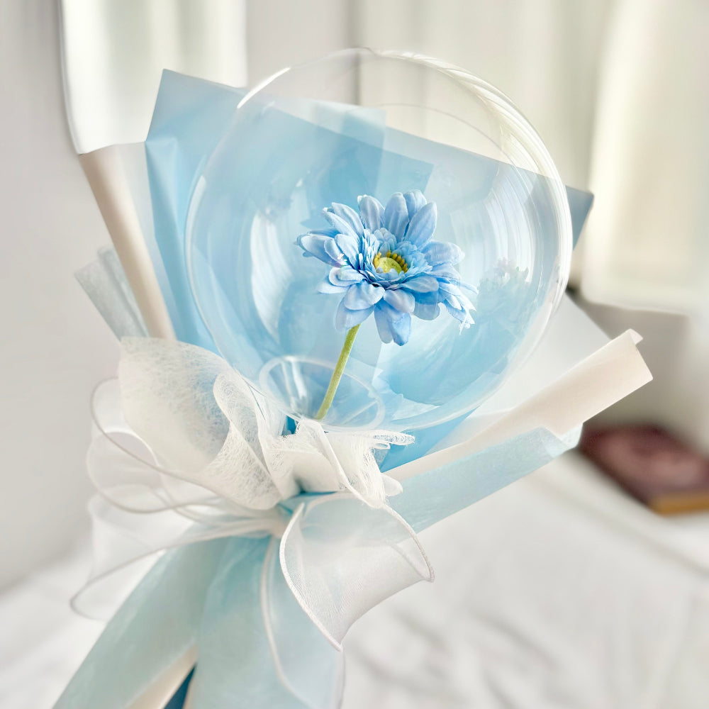 【ギフト】バルーンフラワー ガーベラの可愛いミニブーケ ライトブルー プリフラSHOP サムシングブルー 結婚祝