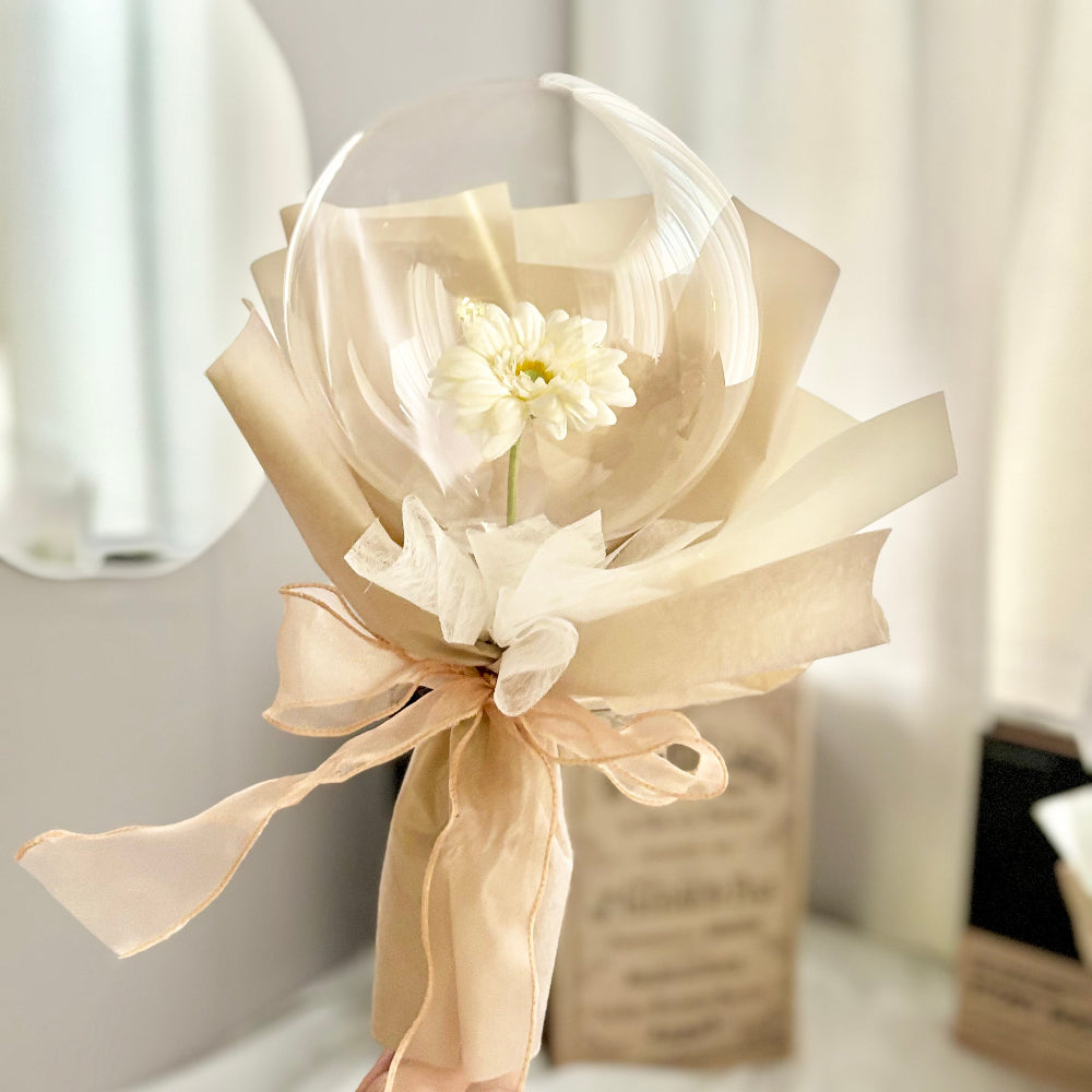【ギフト】バルーンフラワー　ガーベラの可愛いミニブーケ　グレイッシュピンク　 プリフラSHOP　誕生日祝　卒業　結婚祝